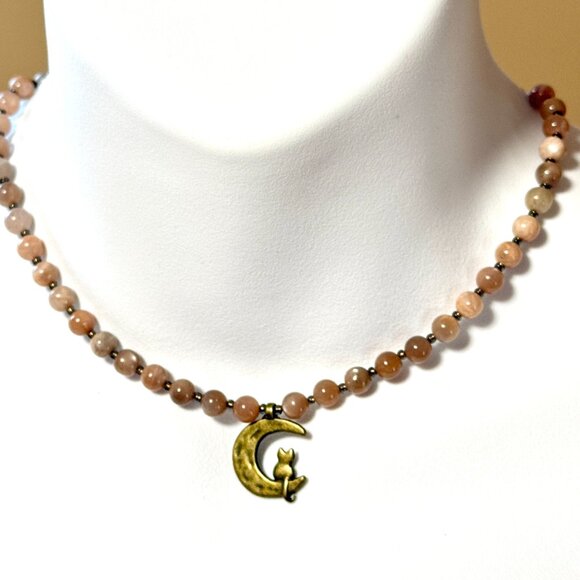 Peach Moonstone Bronze Cat on the Moon Necklace, Genuine Gemstone Beaded Choker - Picture 2 of 14